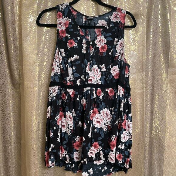 Torrid Black Pink Blue Floral V Neck Button Down Tunic Style Tank, 00 M/L - Picture 1 of 5